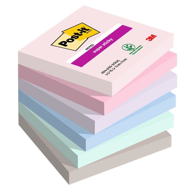  Blocco Post-it Super Sticky - 654-6SS-SOUL - 76 x 76 mm - colori Soulful - 90 fogli - Post-it - conf. 6 pezzi 