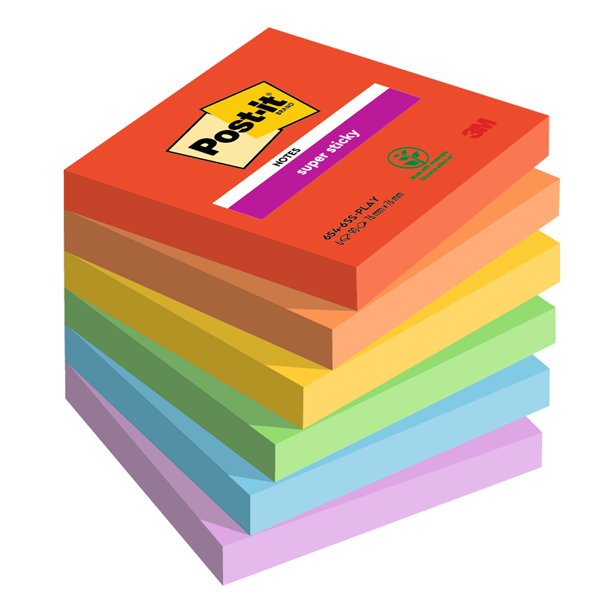  Blocco Post-it Super Sticky - 654-6SS-PLAY - 76 x 76 mm - colori Playful - 90 fogli - Post-it - conf. 6 pezzi 