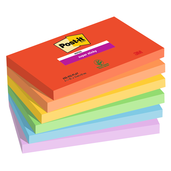  Blocco Post-it Super Sticky - 655-6SS-PLAY - 76 x 127 mm - colori Playful - 90 fogli - Post-it - conf. 6 pezzi 
