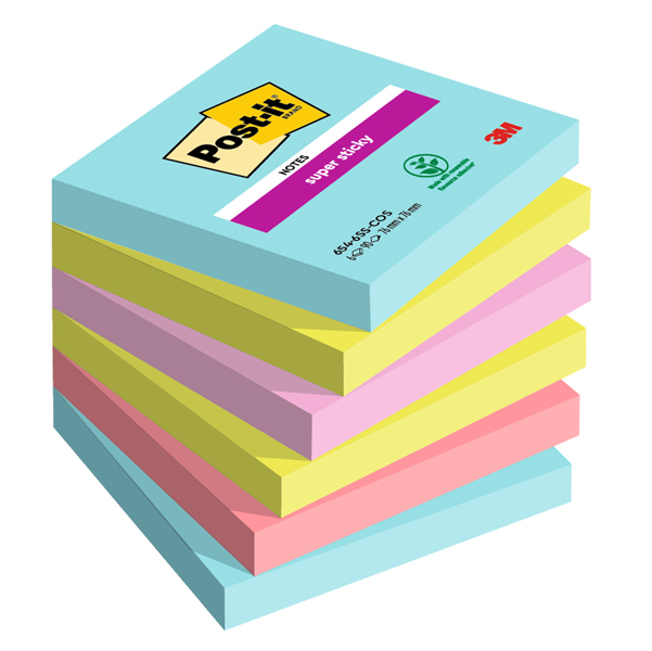  Blocco Post-it Super Sticky - 654-6SS-COS - 76 x 76 mm - colori Cosmic - 90 fogli - Post-it - conf. 6 pezzi 