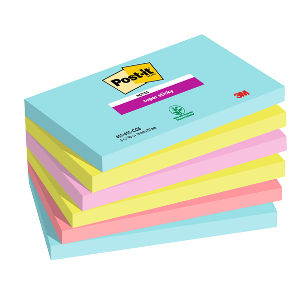  Blocco Post-it Super Sticky - 655-6SS-COS - 76 x 127 mm - colori Cosmic - 90 fogli - Post-it - conf. 6 pezzi 