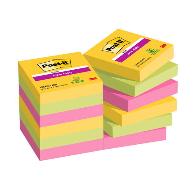  Blocco Post-it Super Sticky - 622-12SS-CARN - 47,6 x 47,6 mm - colori Carnival - 90 fogli - Post-it - conf. 12 pezzi 