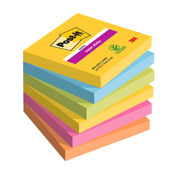  Blocco Post-it Super Sticky - 654-6SS-CARN - 76 x 76 mm - colori Carnival - 90 fogli - Post-it - conf- 6 pezzi 
