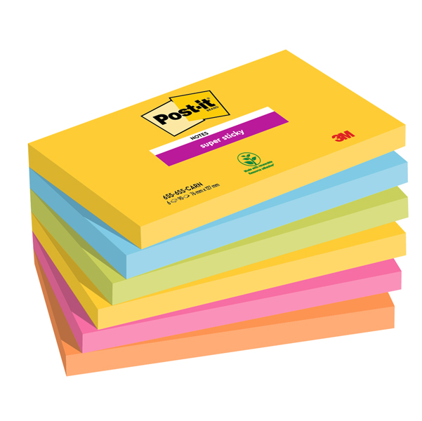  Blocco Post-it Super Sticky - 655-6SS-CARN - 76 x 127 mm - colori Carnival - 90 fogli - Post-it - conf. 6 pezzi 