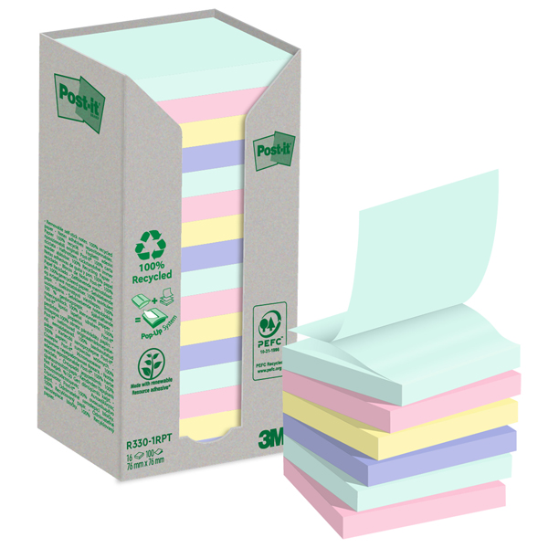  Blocco Post-it Z-Notes Green - R330-1RPT - 76 x 76 mm - colori pastello - 100 fogli - Post-it - conf. 16 pezzi 