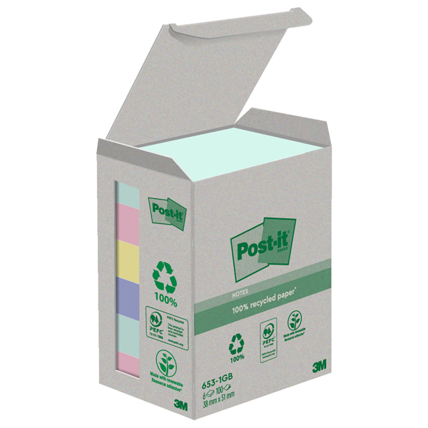  Blocco Post-it in carta riciclata - 653-1GB - 38 x 51 mm - natural - 100 fogli - Post-it - conf. 6 pezzi 