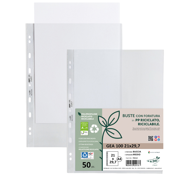  Buste forate Gea 100 - PP riciclato - buccia medium - 21 x 29,7 cm - Sei rota - conf. 50 pezzi 