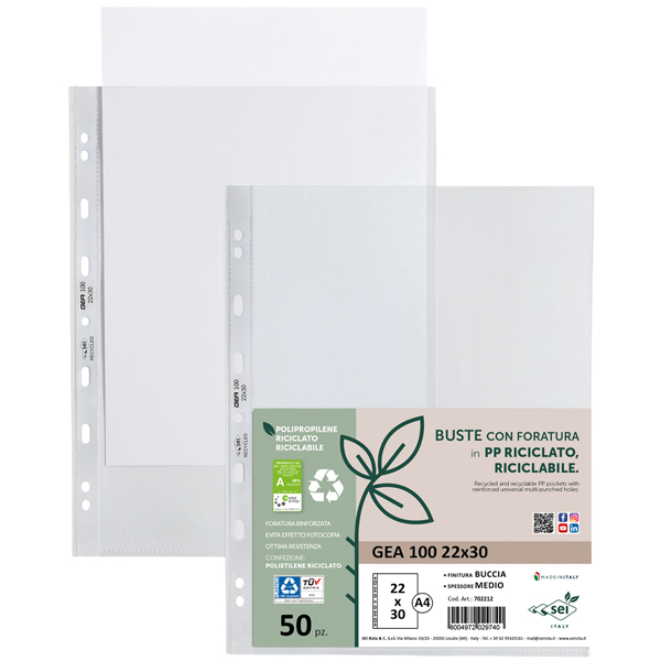 Buste forate Gea 100 - PP riciclato - buccia medium - 22 x 30 cm - Sei rota - conf. 50 pezzi 