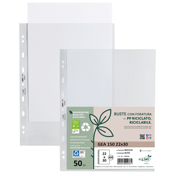  Buste forate Gea 150 - PP riciclato - buccia pesante - 22 x 30 cm - Sei rota - conf. 50 pezzi 