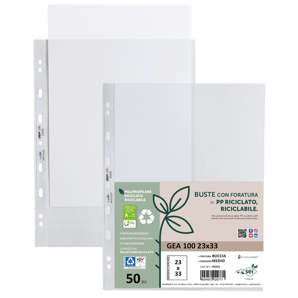  Buste forate Gea 100 - PP riciclato - buccia medium - 23 x 33 cm - Sei rota - conf. 50 pezzi 