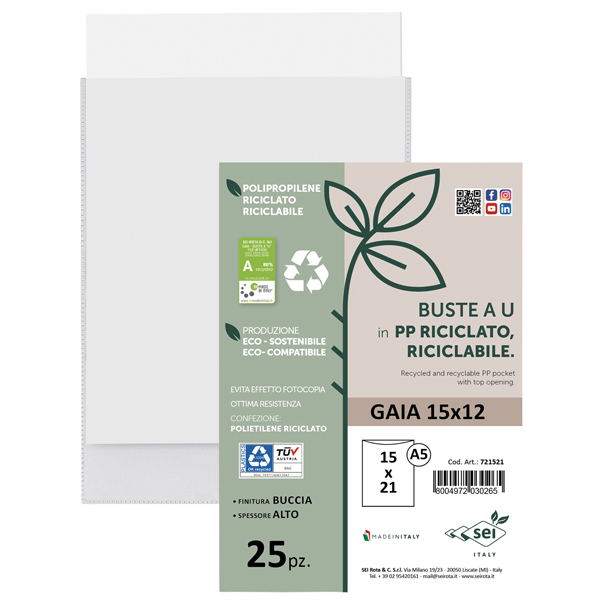  Buste a sacco Gaia - PP riciclato - 15 x 21 cm - buccia - trasparente - Sei rota - conf. 25 pezzi 