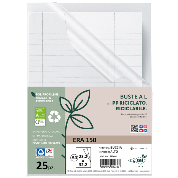  Cartellina a L Era 150 - A4 - PP riciclato - buccia pesabte - Sei rota - conf. 25 pezzi 