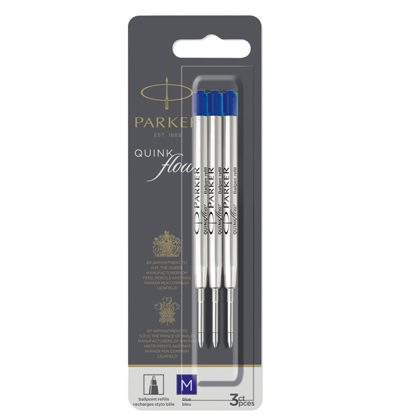  Refill sfera QuinkFlow - punta media - metallo - blu - Parker - blister 3 pezzi 