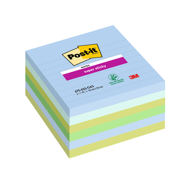  Blocco Post-it Super Sticky - 675-6SS-OAS - a righe - 100 x 100 mm - colori Oasis - 90 fogli - Post-it - conf. 6 pezzi 