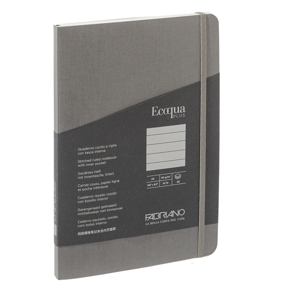  Taccuino Ecoqua Plus - con elastico - rilegatura cucita - A5 - 5 mm - 80 fogli - righe - artracite - Fabriano 