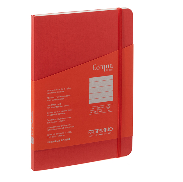  Taccuino Ecoqua Plus - con elastico - rilegatura cucita - A5 - 5 mm - 80 fogli - righe - lampone - Fabriano 