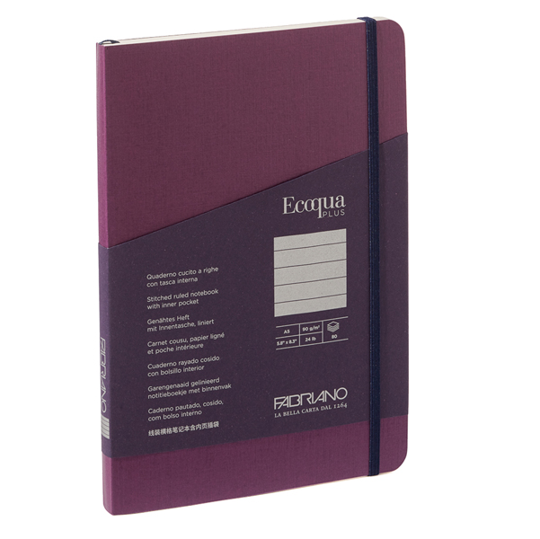  Taccuino Ecoqua Plus - con elastico - rilegatura cucita - A5 - righe - 80 fogli - vino - Fabriano 