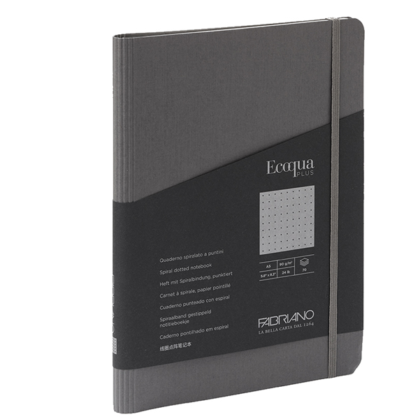  Taccuino Ecoqua Plus - con elastico - spiralato - A5 - 70 fogli - puntinato - antracite - Fabriano 