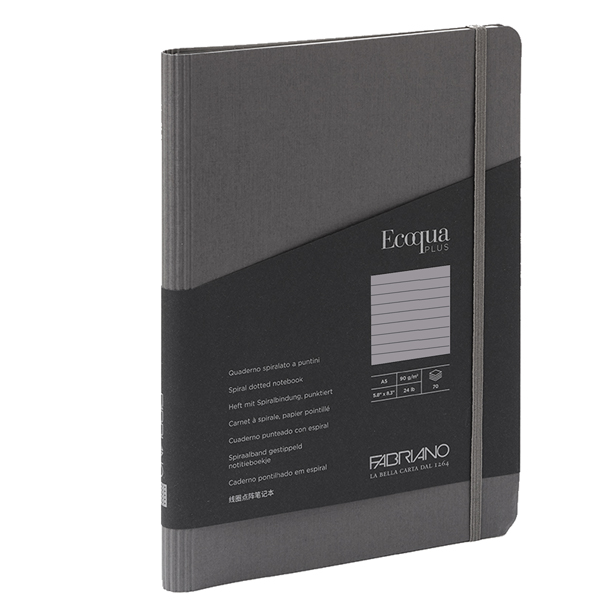  Taccuino Ecoqua Plus - con elastico - spiralato - A5 - 70 fogli - righe - antracite - Fabriano 