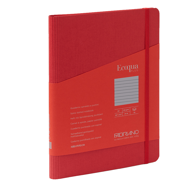  Taccuino Ecoqua Plus - con elastico - spiralato - A5 - 70 fogli - righe - lampone - Fabriano 