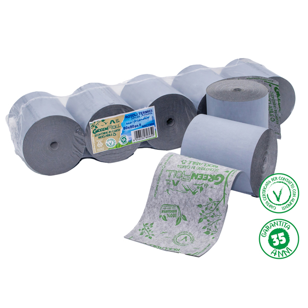  Rotolo per registratori di cassa - stampa termica - 79 mm x 80 m - 48 gr - diametro esterno 78 mm - anima 12 mm - carta termica Green roll - Rotolificio Pugliese - blister 5 pezzi 