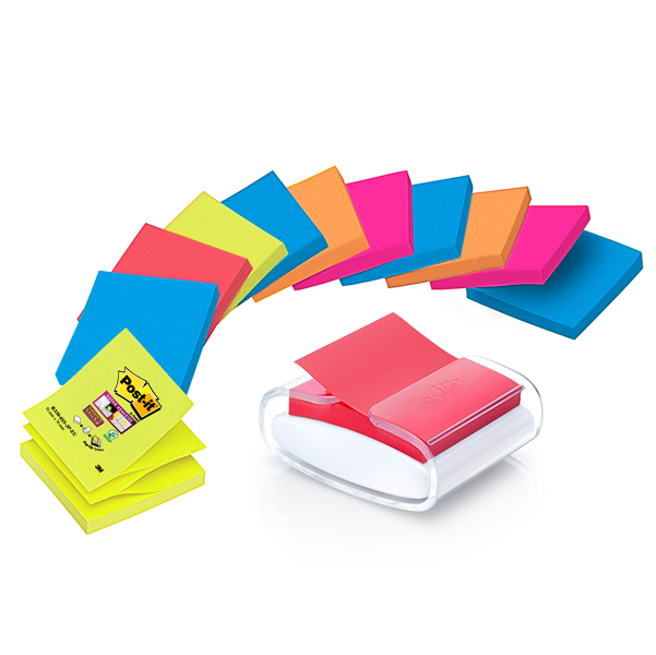  Dispenser Pro Post-it Super Sticky Z Notes - PRO-W-12SSCOL-R330 - 76 x 76 mm - colori assortiti - Post-it - 12 ricariche di foglietti incluse 