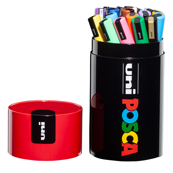  Marcatore Uni Posca PC5M - con coperchio rosso - punta media - colori assortiti - Uni Mitsubishi - gift box 18 pezzi 