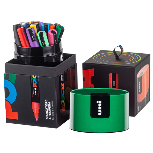  Marcatore Uni Posca PC5M - con coperchio verde - punta media - colori assortiti - Uni Mitsubishi - gift box 18 pezzi 