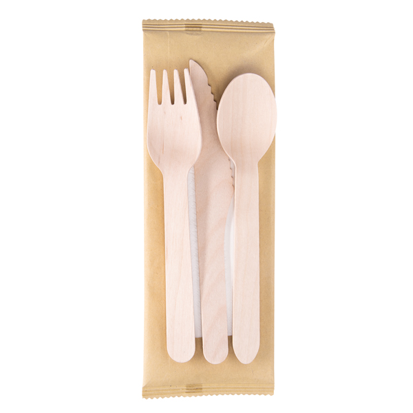  Tris posate monouso - con tovagliolo - 16 cm - legno - Signor Bio - conf. 100 pezzi 