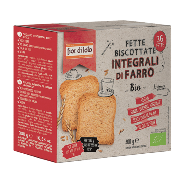  Fette biscottate integrali al farro - 300 gr - Fior di Loto - conf. 36 pezzi 