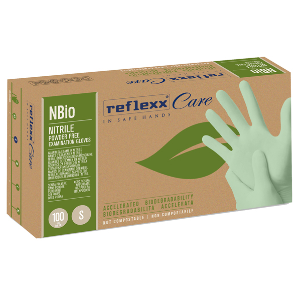  Guanti in nitrile bio - tg S - verde pastello - Reflexx - conf. 100 pezzi 