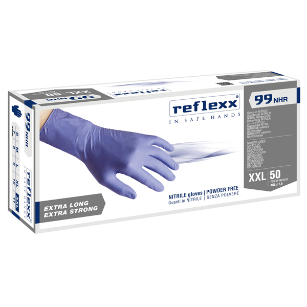  Guanti in nitrile ultra resist R99 - manichetta lunga - tg XXL - indaco - Reflexx - conf. 50 pezzi 