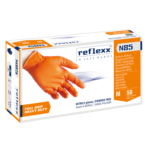  Guanti in nitrile N85 - ultra resistenti - tg M - arancione - Reflexx - conf. 50 pezzi 