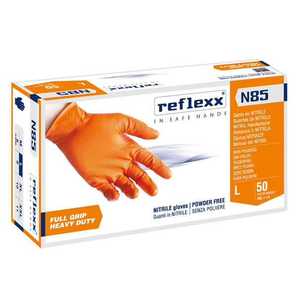  Guanti in nitrile N85 - ultra resistenti - tg L - arancione - Reflexx - conf. 50 pezzi 