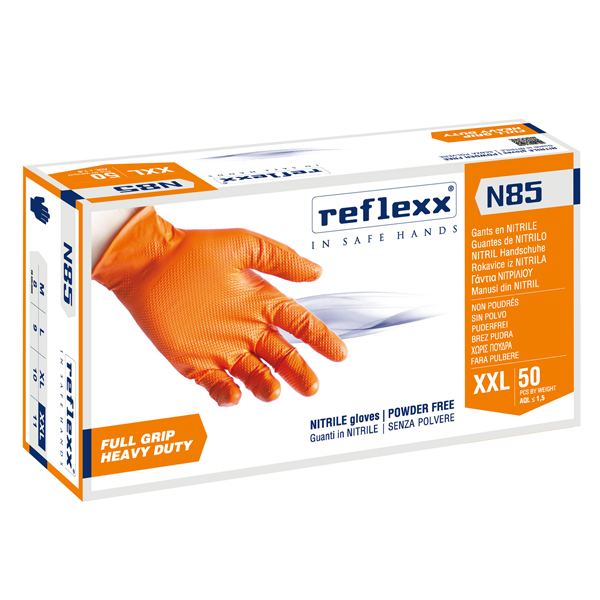  Guanti in nitrile N85 - ultra resistenti - tg XXL - arancione - Reflexx - conf. 50 pezzi 