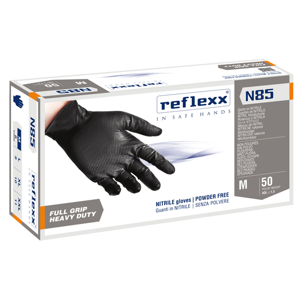  Guanti in nitrile N85B - ultra resistenti - tg M - nero - Reflexx - conf. 50 pezzi 