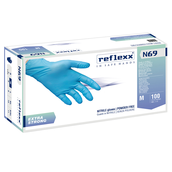  Guanti in nitrile extra strong N69 - senza polvere - taglia M - azzurro - Reflexx - conf. 100 pezzi 