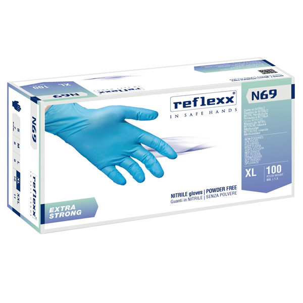  Guanti in nitrile extra strong N69 - senza polvere - taglia XL - azzurro - Reflexx - conf. 100 pezzi 