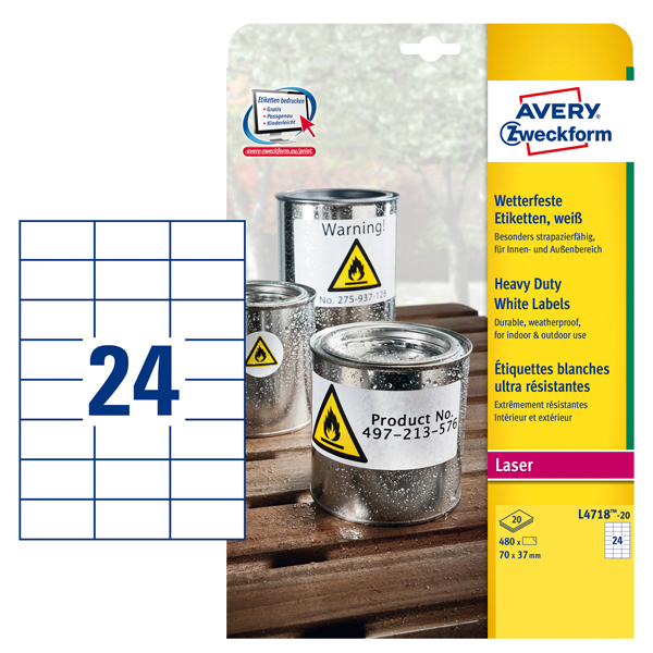  Etichette adesive L4718 - in poliestere - laser - permanenti - 70 x 37 mm - 24 et/fg - 20 fogli - bianco - Avery 