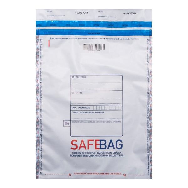  Sacchetti di sicurezza Safe Bag - per corrieri - B4 - 25,6 x 37 + 4 cm - PE - bianco - Bong Packaging - conf. 100 pezzi 