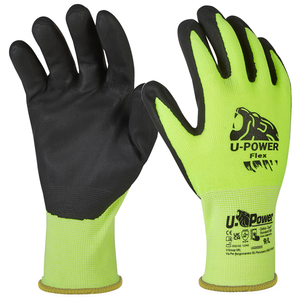  Guanti di protezione FLEX - con polsino giallo - taglia 08 - verde fluo/nero - U-Power 