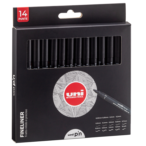  Astuccio Pin fineliner - nero - 14 gradazioni - Uni Mitsubishi - conf. 14 pezzi 