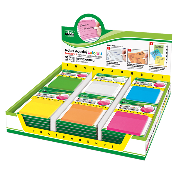  Blocchetto notes adesivo - 75 x 75 mm - colori traslucidi assortiti - Lebez - Box 72 blocchetti 