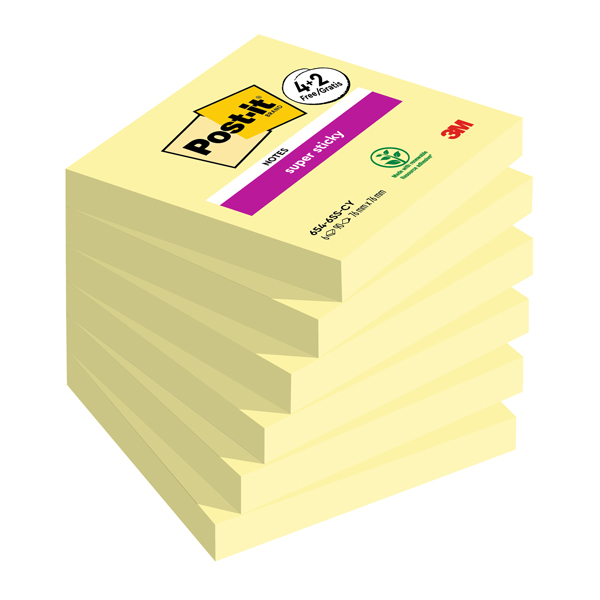  Blocco foglietti Post-it Super Sticky - 76 x 76 mm - 90 fogli - giallo canary - Post-it - conf. 6 blocchi 