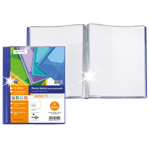  Portalistini Asso TI - personalizzabile - PP liscio - 15 x 21 cm - 80 buste - blu - Sei Rota 