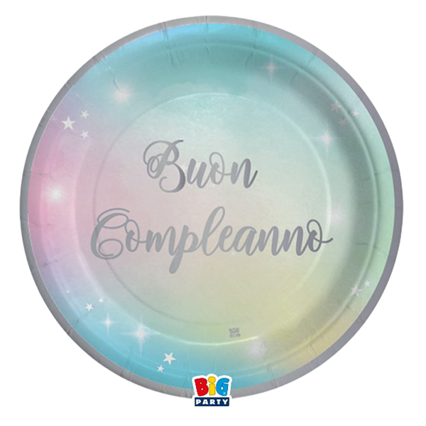  Piatto Soft Rainbow - Buon Compleanno - diametro 24 cm - carta - Big Party - conf. 8 pezzi 