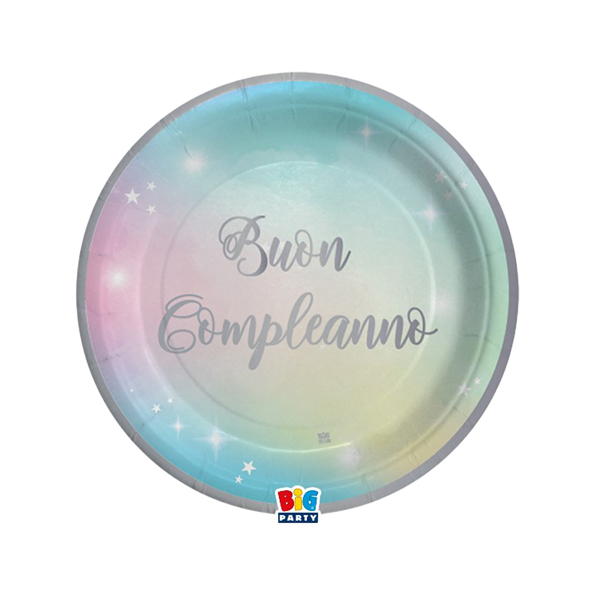  Piatto Soft Rainbow - Buon Compleanno - diametro 18 cm - carta - Big Party - conf. 8 pezzi 