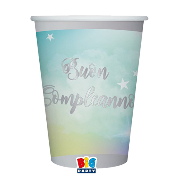  Bicchiere Soft Rainbow - Buon Compleanno - 200 ml - carta - Big Party - conf. 8 pezzi 