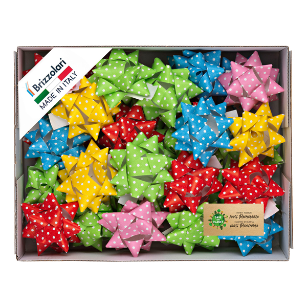  Stelle di nastro ecocarta - 20 mm x diam. 9 cm - fantasie assotite - Brizzolari - conf. 36 pezzi 