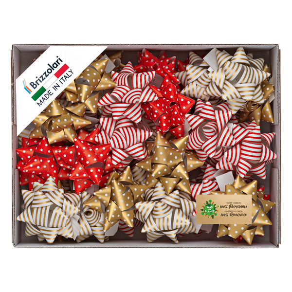  Stelle di nastro ecocarta - 20 mm x diam. 9 cm - fantasie assotite natale - Brizzolari - conf. 36 pezzi 